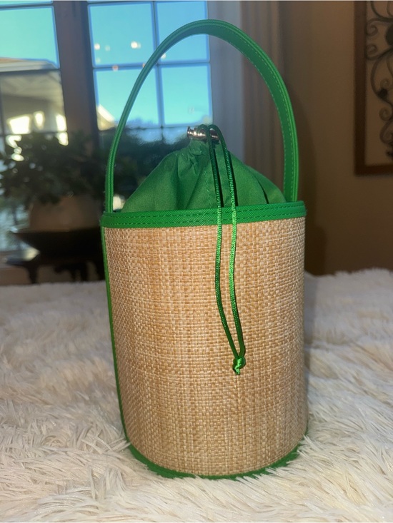 Handbags - Green Trim Straw Mini Bucket Bag with Drawstring